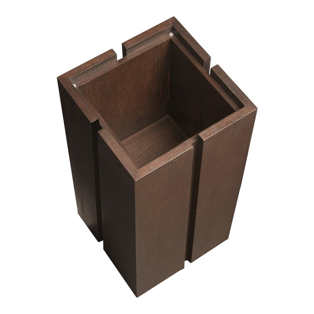Brown wooden planter with a smooth finish and geometric design, featuring clean lines and a modern aesthetic.