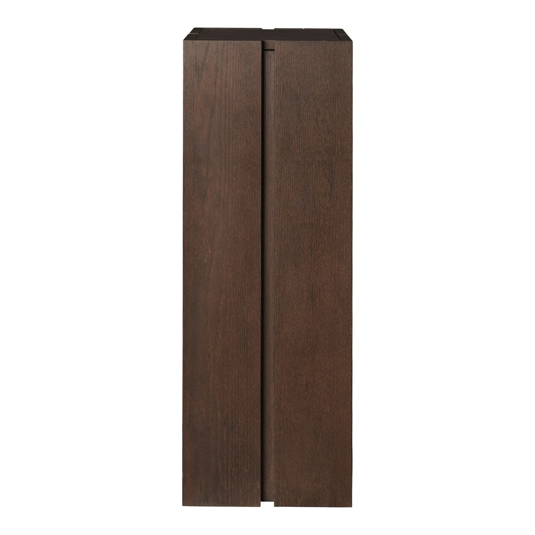 Dark brown wooden cabinet with a smooth finish, featuring a minimalist design and no visible patterns.