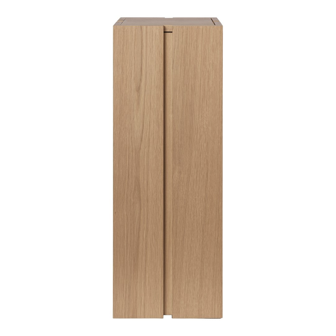 Light oak wood storage cabinet with a sleek, minimalist design featuring a natural grain pattern.