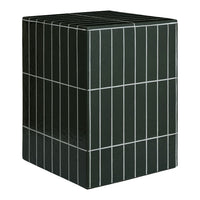 Dark green cube with white vertical and horizontal stripes, featuring a modern geometric pattern.