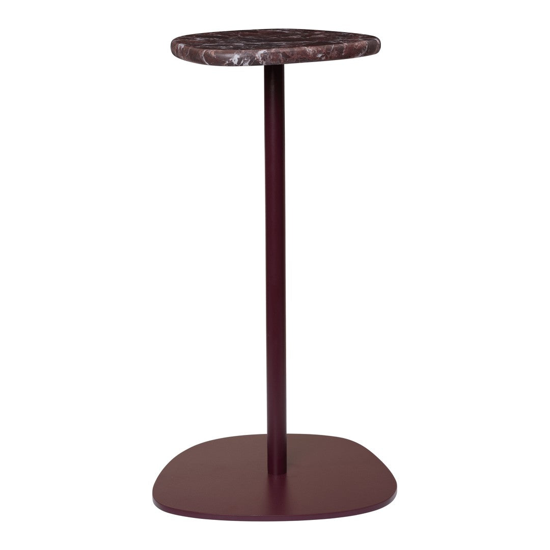 Maroon metal base with a round, patterned dark marble top. Modern design for stylish decor.