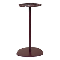 Maroon metal base with a round, patterned dark marble top. Modern design for stylish decor.