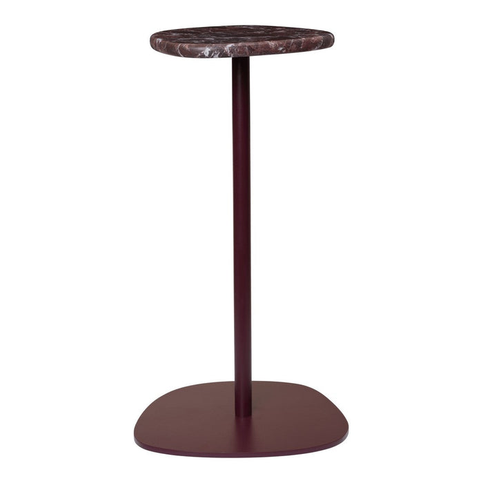 Maroon metal base with a round, patterned dark marble top. Modern design for stylish decor.