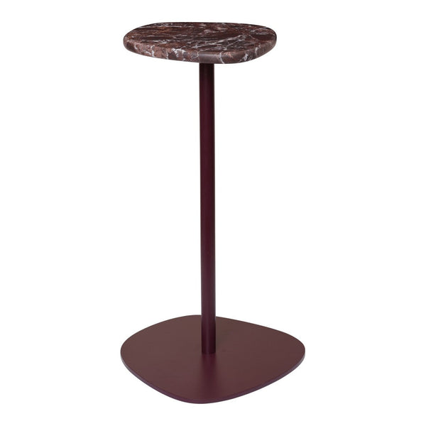 Burgundy metal base with a round, dark marble top featuring subtle veining patterns. Ideal for modern decor.