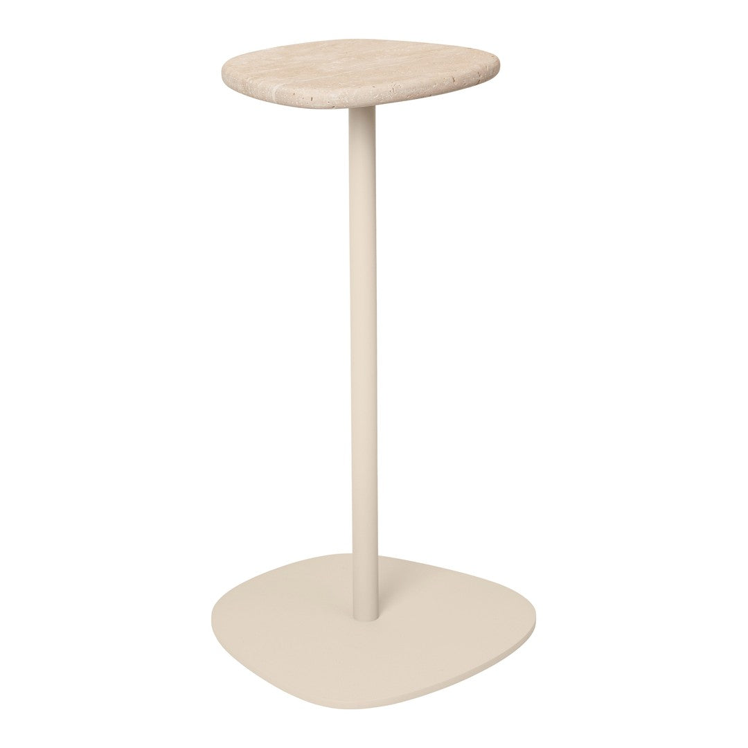 Beige minimalist stand with a smooth round top and a unique triangular base design. Perfect for modern decor.