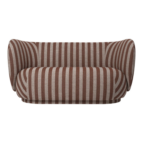 Brown and beige striped sofa with a rounded design and plush upholstery, perfect for modern interiors.