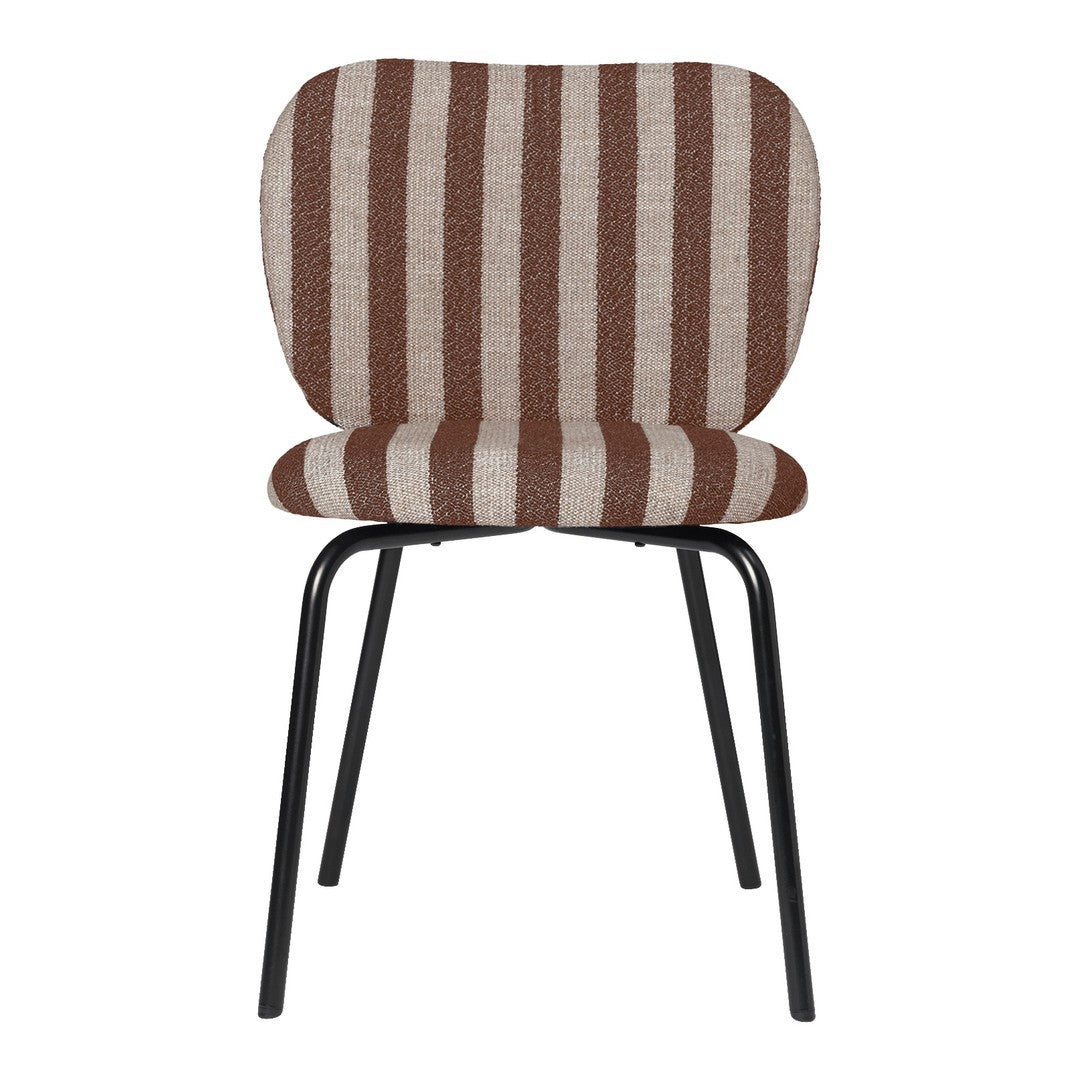 Brown and cream striped upholstered chair with sleek black metal legs. Stylish and modern design for any space.