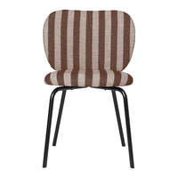 Brown and cream striped upholstered chair with sleek black metal legs. Stylish and modern design for any space.
