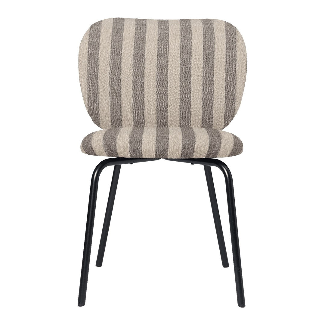Beige and gray striped chair with black metal legs, featuring a cozy, modern design. Perfect for any contemporary space.