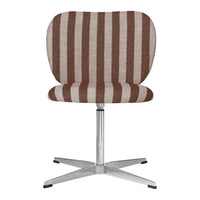 Brown and beige striped upholstered swivel chair on a silver base. Modern design with a bold pattern.
