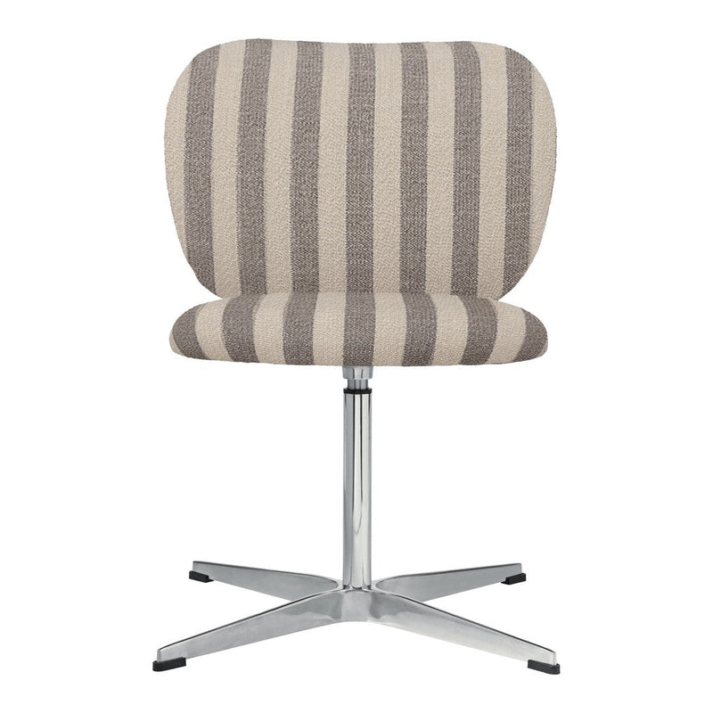 Beige and brown striped upholstered chair with a sleek chrome base, perfect for modern interiors.