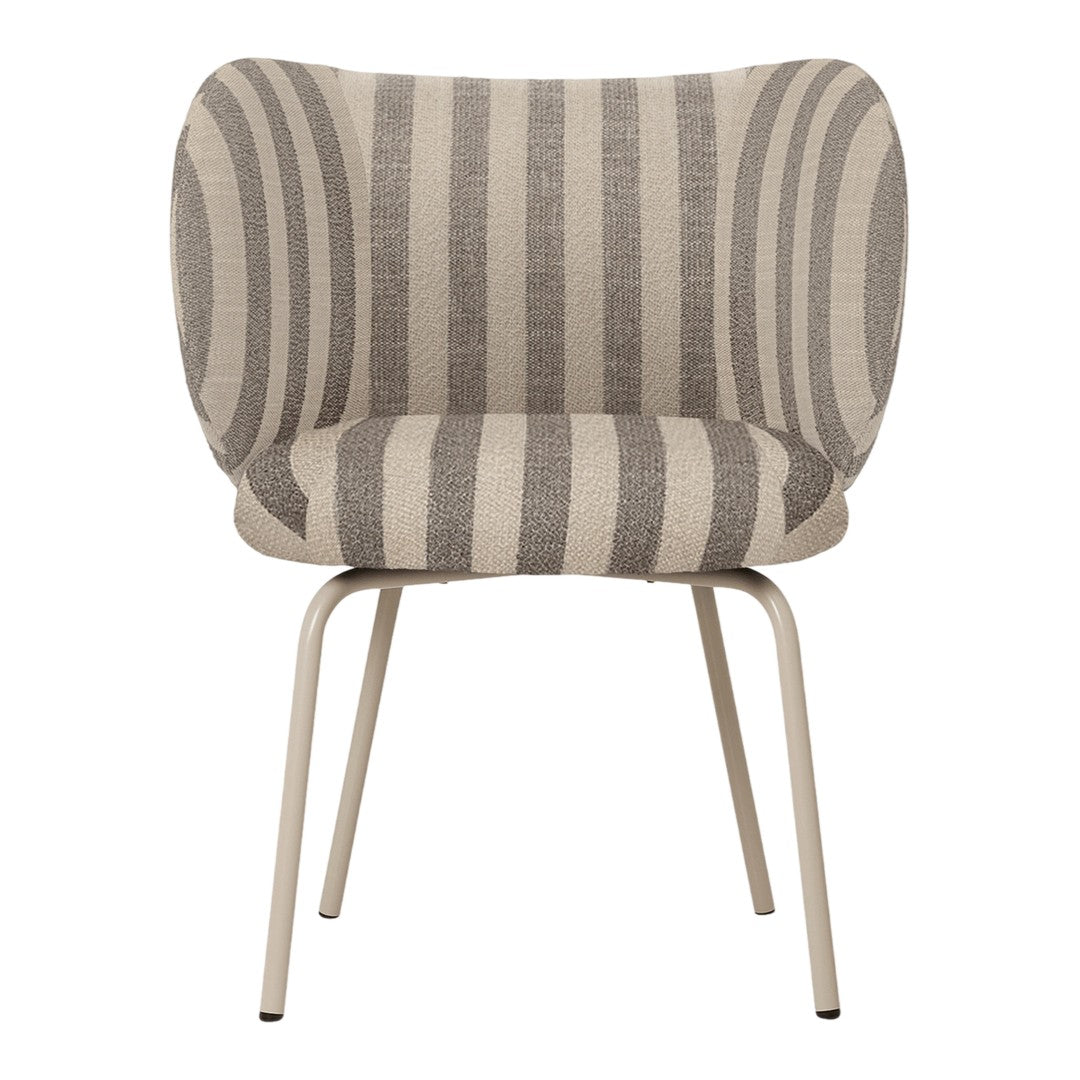 Striped chair in neutral tones of beige and gray, with a curved backrest and sleek metal legs.