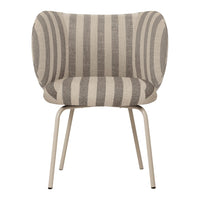Striped chair in neutral tones of beige and gray, with a curved backrest and sleek metal legs.