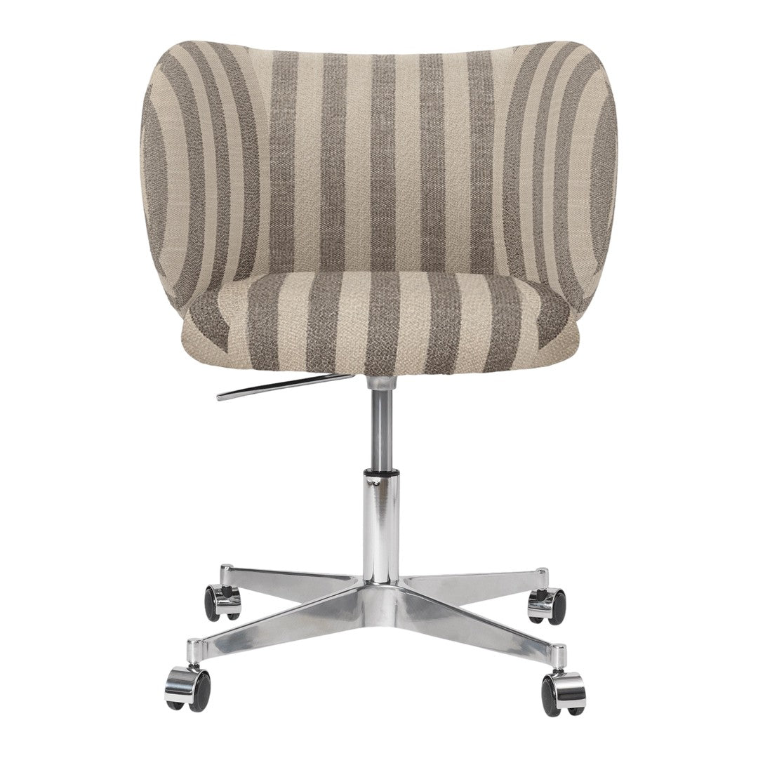 Striped beige and brown fabric office chair with a sleek chrome base and rolling wheels. Stylish and modern design.