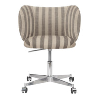 Striped beige and brown fabric office chair with a sleek chrome base and rolling wheels. Stylish and modern design.