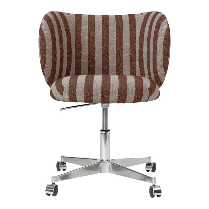Brown and beige striped swivel chair with a modern design and chrome base. Perfect for stylish home or office decor.
