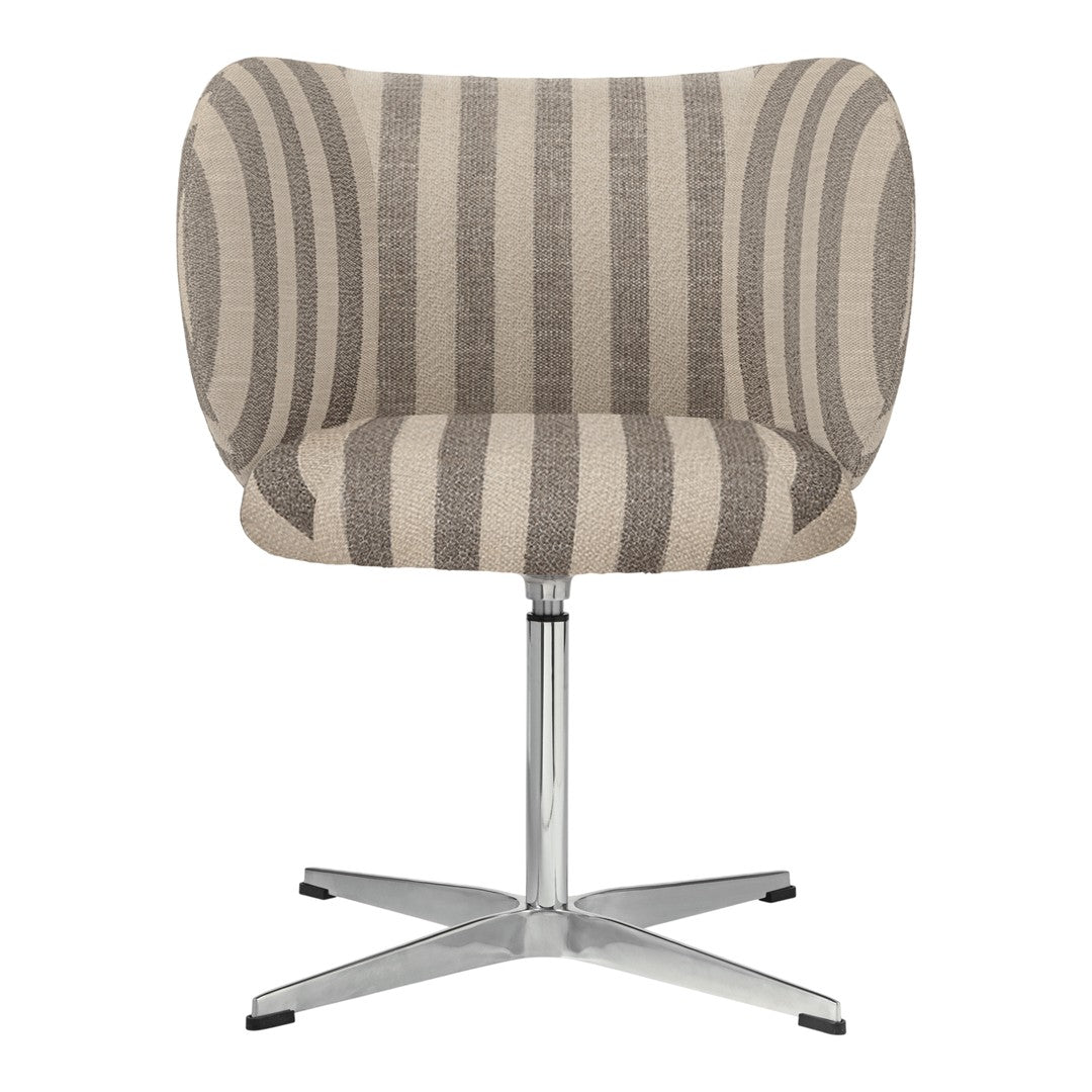Beige and gray striped accent chair with a modern design and a sleek chrome base. Ideal for contemporary spaces.