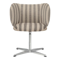 Beige and gray striped accent chair with a modern design and a sleek chrome base. Ideal for contemporary spaces.