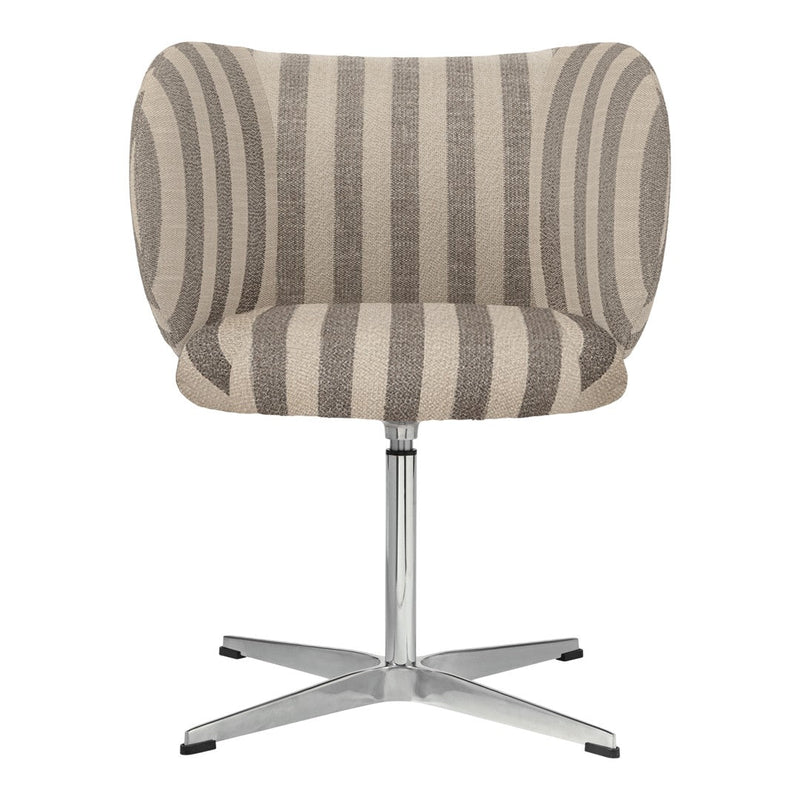 Beige and gray striped accent chair with a modern design and a sleek chrome base. Ideal for contemporary spaces.