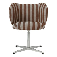 Brown and cream striped accent chair with a curved design and silver base. Modern and stylish home decor.