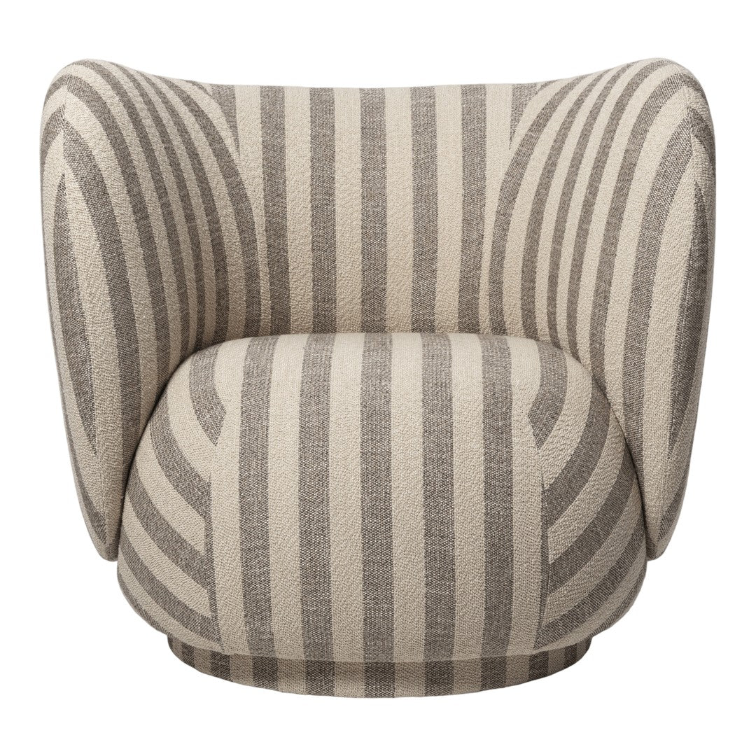 Beige and gray striped patterned armchair with a unique, rounded shape and soft curves. Perfect for modern decor.