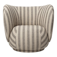 Beige and gray striped patterned chair with a modern, rounded design perfect for contemporary decor.