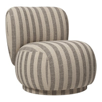 Beige and gray striped accent chair with a rounded, contemporary design. Ideal for adding texture to any space.