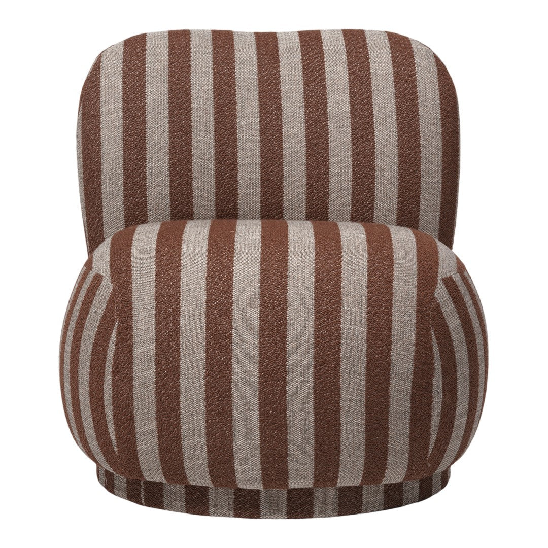 Brown and beige striped upholstered chair with a plush, rounded design. Perfect for modern decor.