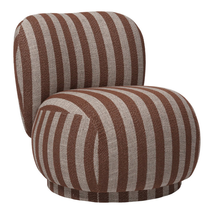 Brown and beige striped accent chair with a rounded shape and plush fabric, perfect for modern decor.