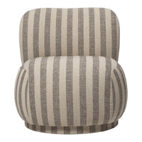 Beige and gray striped accent chair with soft, rounded contours and a textured fabric finish. Ideal for modern decor.