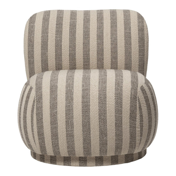 Beige and gray striped accent chair with soft, rounded contours and a textured fabric finish. Ideal for modern decor.