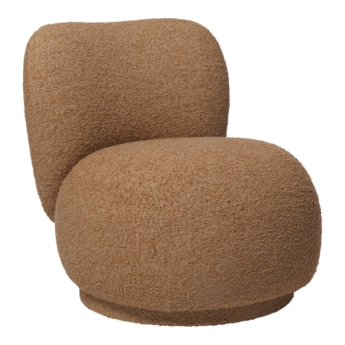 Brown upholstered chair featuring a soft, textured finish and rounded, organic shapes. Ideal for modern decor.