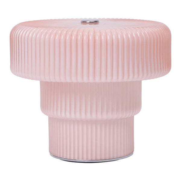 Pink ribbed table lamp with a rounded shape and glossy finish, perfect for modern decor.