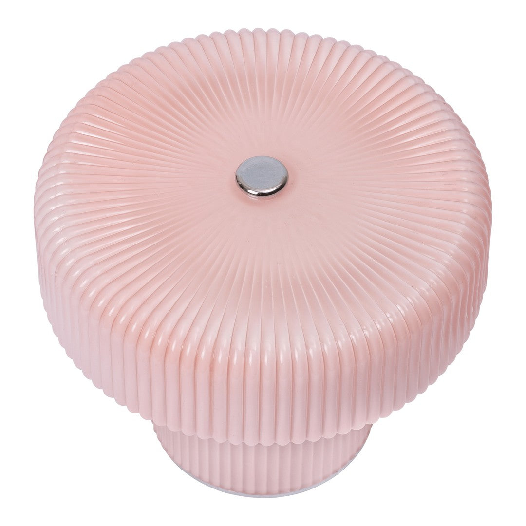 Round pink lamp with ribbed texture and a silver button accent. Elegant design adds a soft touch to any decor.