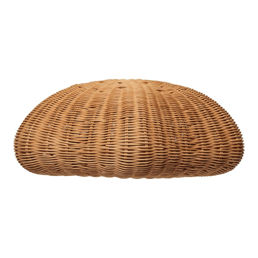 Natural woven rattan cushion in warm brown tones with a curved, textured design. Perfect for a cozy home aesthetic.