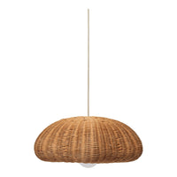 Natural woven rattan pendant lamp in a warm brown tone with a textured, curved shape for a cozy ambiance.