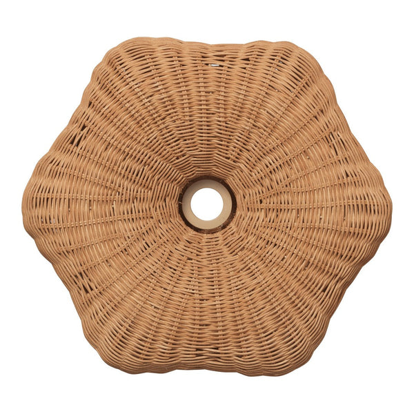 Woven rattan table in a hexagonal shape, featuring a natural tan color with a textured, intricate pattern.