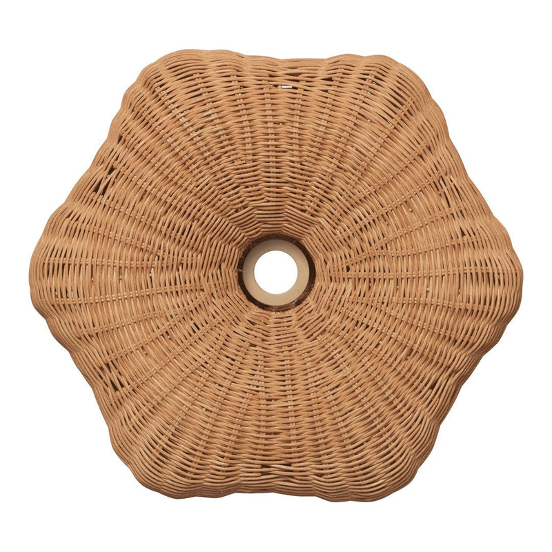 Woven rattan table in a hexagonal shape, featuring a natural tan color with a textured, intricate pattern.
