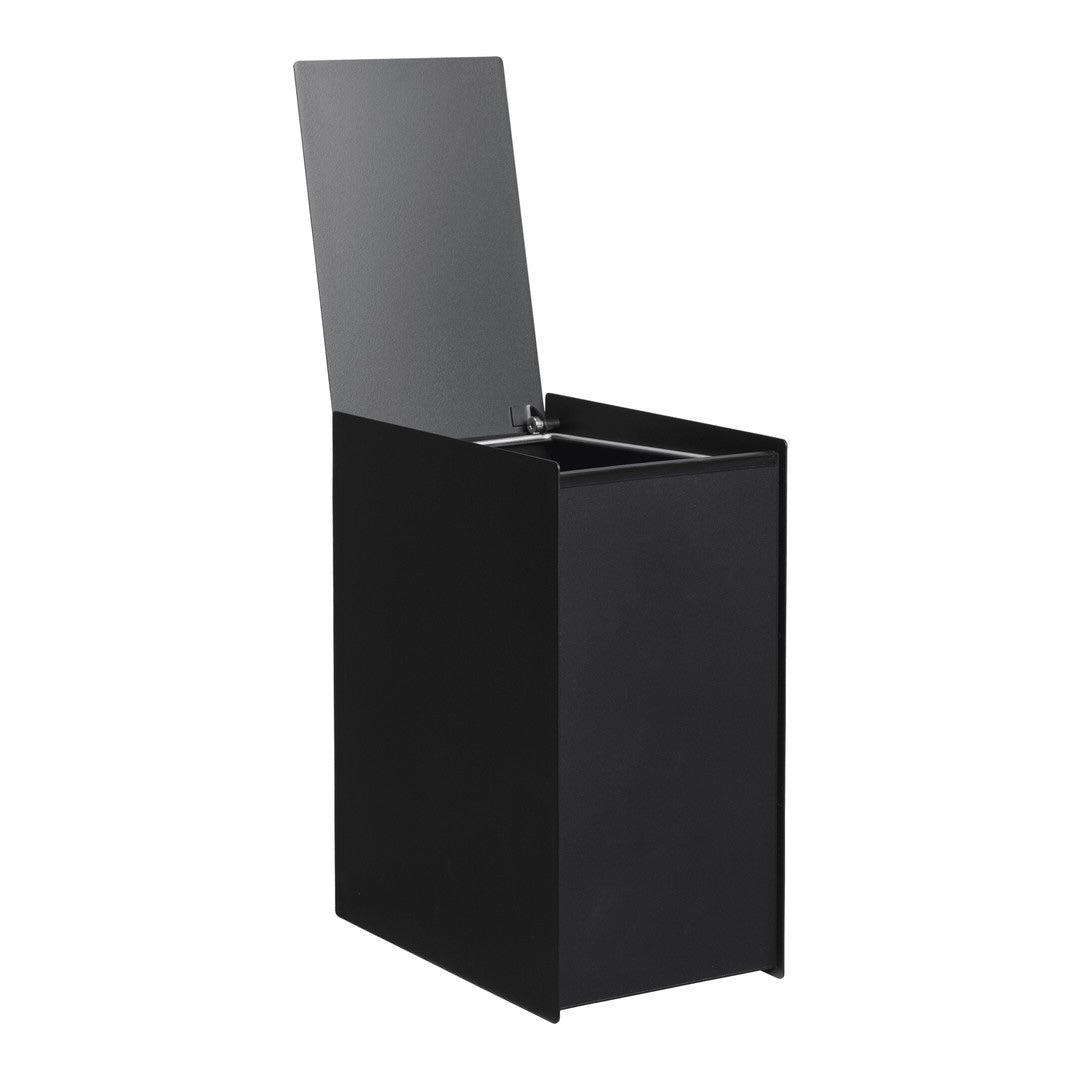 Sleek black trash bin with a minimalist design and a modern gray lid. Perfect for streamlined spaces.