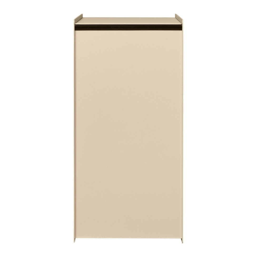 Beige cabinet with a minimalist design and a sleek black top accent, perfect for modern interiors.