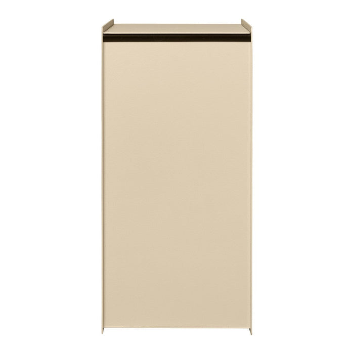 Beige cabinet with a minimalist design and a sleek black top accent, perfect for modern interiors.