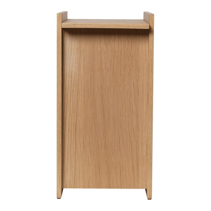 Light oak wood side table with a smooth, unadorned surface and sleek, modern lines.