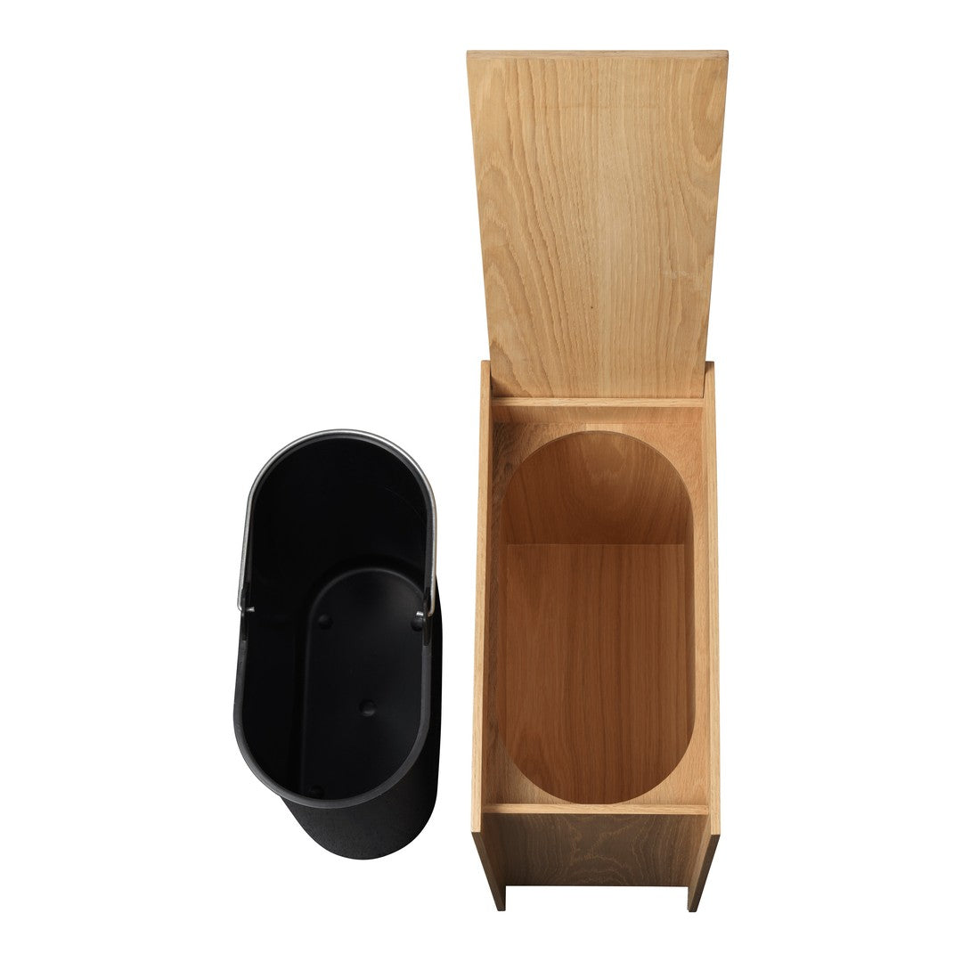 Black oval waste bin and natural wood storage box with a smooth finish and minimalist design.