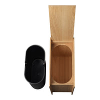 Black oval waste bin and natural wood storage box with a smooth finish and minimalist design.