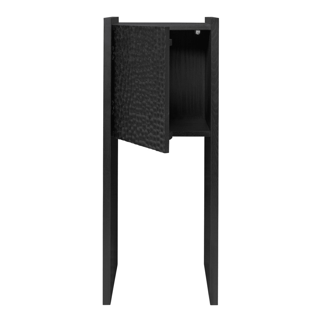 Black storage cabinet with textured door pattern, sleek lines, and modern design for stylish organization.