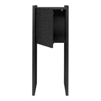 Black storage cabinet with textured door pattern, sleek lines, and modern design for stylish organization.