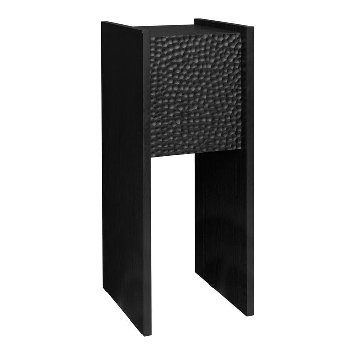 Black decorative side table with textured pattern on front panel and sleek, minimalist design. Ideal for modern decor.