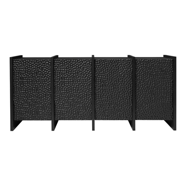 Black folding room divider with a textured, pebbled pattern. Modern design accentuates any space.