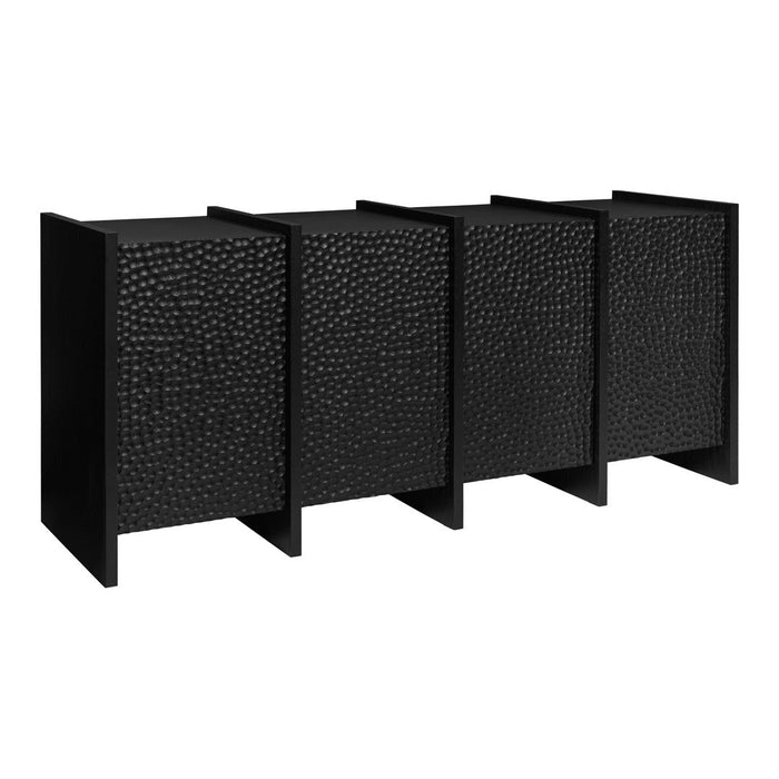 Black cabinet with textured, raised pattern, featuring a sleek, modern design. Perfect for stylish storage solutions.