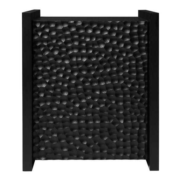 Textured black panel with a modern design, featuring a woven pattern and sleek black frame. Ideal for contemporary decor.
